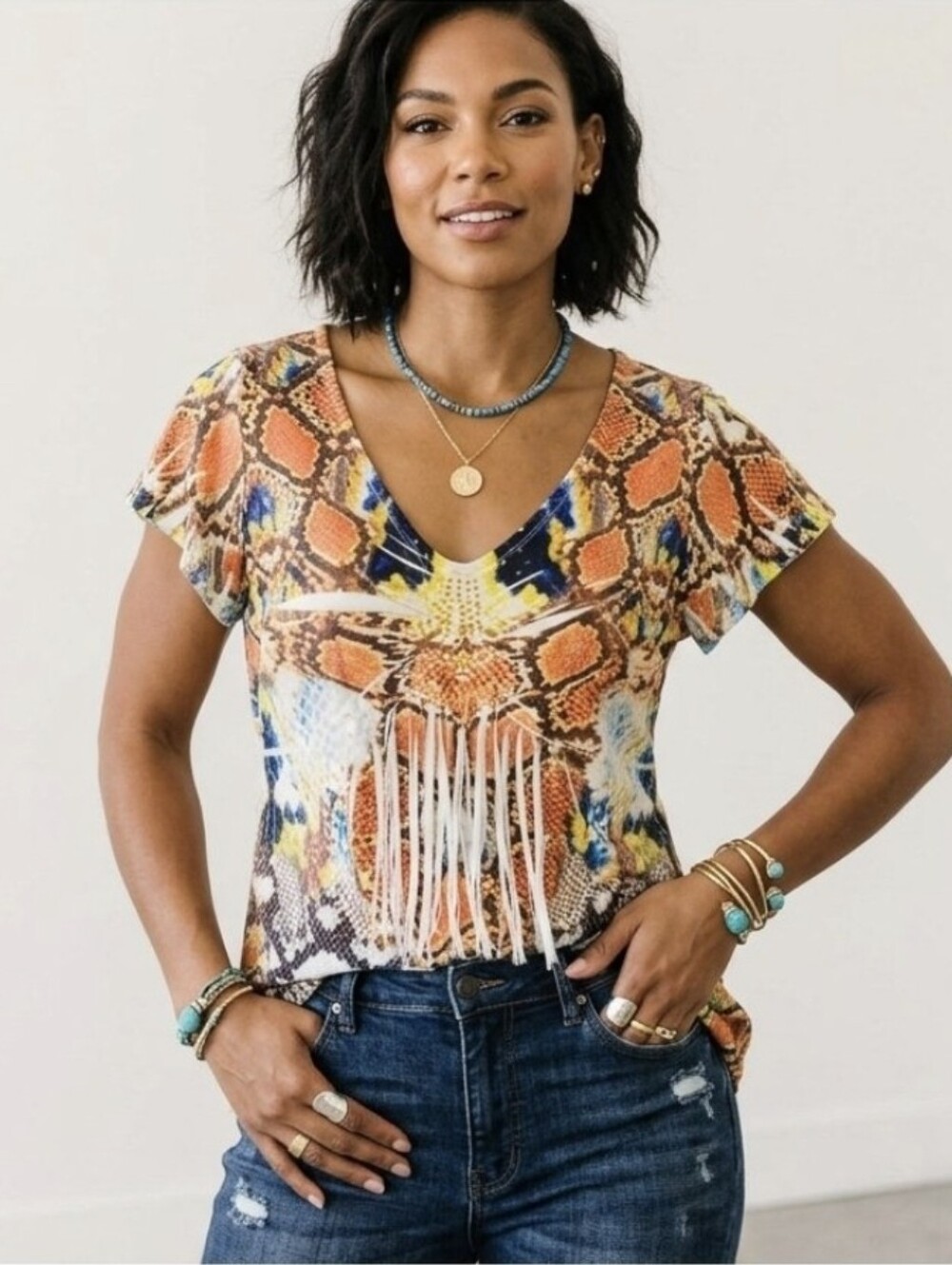 Unity World Wear Boho Style Snake Print High /Low Tuck Style Top. XL